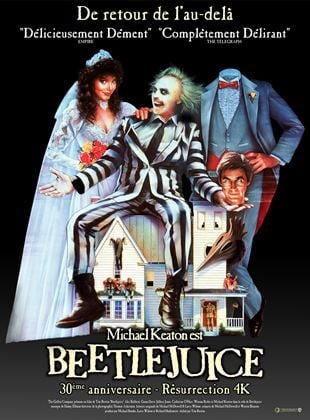 Affiche de Beetlejuice avec une femme en robe de mariée et un homme dont la tête est coupée