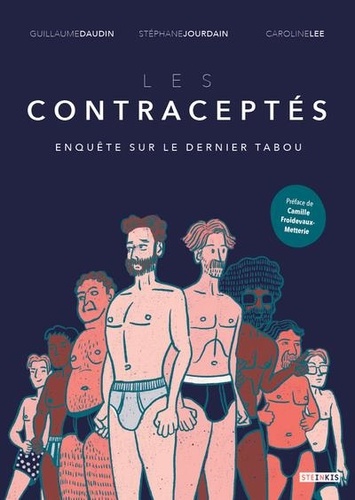 Une illustration d'un groupe d'hommes issus de tous les milieux sociaux, vêtus de leur slip contraceptif.