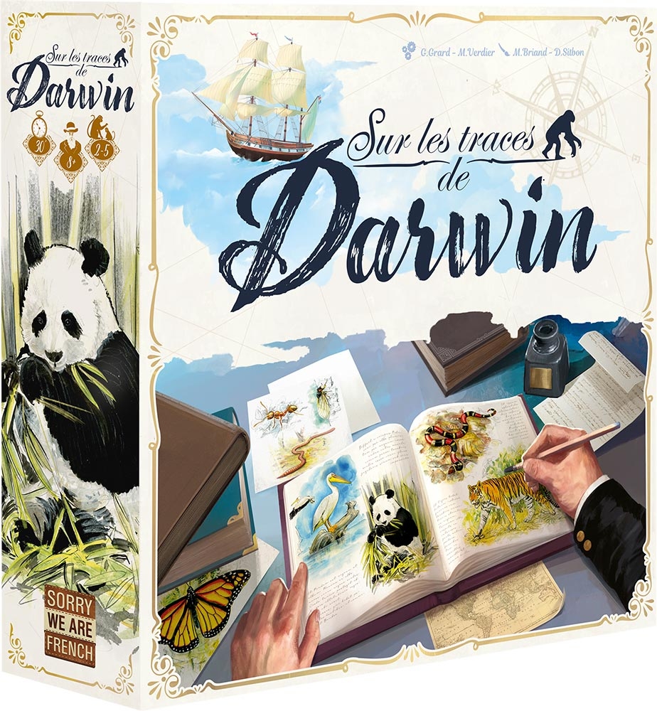 Cette image présente la boîte du jeu "Sur les traces de Darwin", avec un livre illustré d'animaux, et un bateau.
