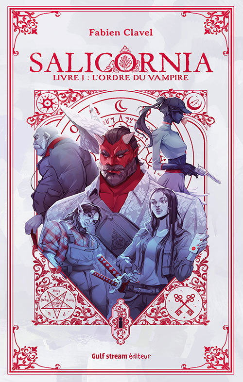 illustration de vieux grimoire avec les protagonistes au centre entièrement coloré de bleu et de rouge.