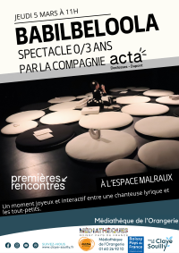Affiche du spectacle Babilbeloola &agrave; l'espace Malraux. Une femme est assise dans le noir, avec des coussins ronds blancs autour d'elle. Les informations de l'&eacute;v&egrave;nement sont inscrites.