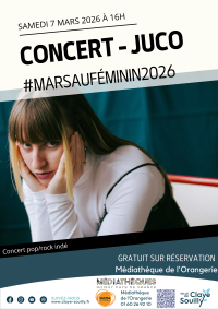 Photo de l'artiste Juco, se tenant le visage face cam&eacute;ra. Les d&eacute;tails de l'&eacute;v&egrave;nement sont &eacute;galement visibles sur fond blanc en haut et color&eacute; en bas de l'affiche.