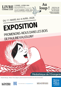 Illustration du petit chaperon rouge de Pauline Kalioujny, la fillette met ses mains pr&egrave;s de sa bouche pour appeler le loup. Les informations de l'&eacute;v&egrave;nement sont &eacute;galement &eacute;crites sur fond blanc.