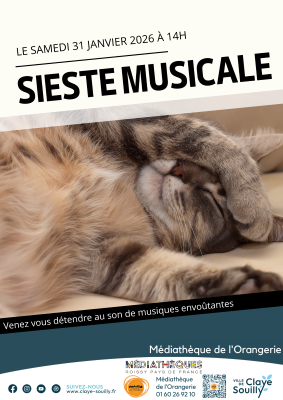 Une affiche de la sieste musicale organis&eacute;e &agrave; la m&eacute;diath&egrave;que de Claye-Souilly. Une photo de chat avec, en fond, les d&eacute;tails de l'&eacute;v&egrave;nement.