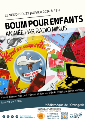 Affiche de l'&eacute;v&egrave;nement "Boum pour les enfants, anim&eacute;e par Radio Minus" &agrave; la m&eacute;diath&egrave;que de Claye-Souilly. Plusieurs images de vinyles de musiques pour enfant.