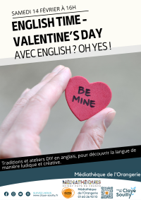 Affiche de l'&eacute;v&egrave;nement de la m&eacute;diath&egrave;que de Claye-Souilly. En fond, une main tenant un c&oelig;ur en sucre rouge avec &eacute;crit "Be mine" en noir, avec les informations de l'&eacute;v&egrave;nement autour.