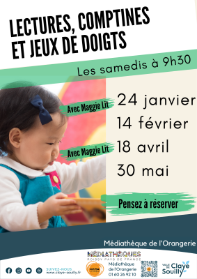 Une affiche de l'&eacute;v&egrave;nement de la m&eacute;diath&egrave;que de Claye-Souilly. Il y a une photo d'un enfant en train de jouer avec, en fond, les dates de l'&eacute;v&egrave;nement.