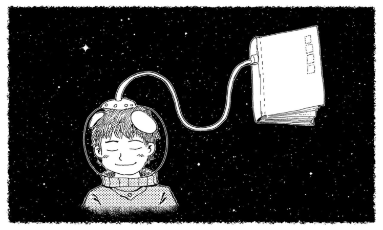 Dessin représentant un garçon en costume de cosmonaute relié à un livre qui flotte dans l'espace