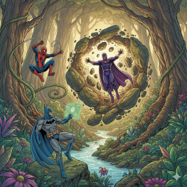 Illustration représentant Batman, Spiderman et Magneto utilisant leurs pouvoirs dans la nature 