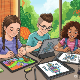 Dessin représentant deux filles et un garçon faisant du dessin avec une tablette