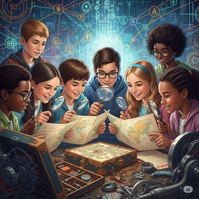Illustration représentant un groupe d'adolescents entouré de matériel d'observation regardant des cartes avec des loupes 