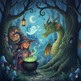 Illustration représentant une sorcière dans une forêt devant un chaudron avec à ses cotés un dragon, un croque mitaine et un petit fantôme 