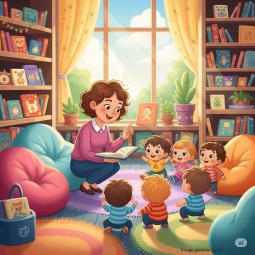 Illustration représentant une femme qui raconte des histoires à des enfants dans une bibliothèque