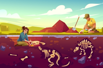Un homme et une femme font une fouille archéologique et découvre un squelette de dinosaure