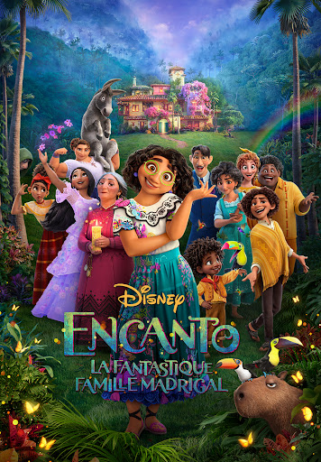 Affiche du film Encanto avec plusieurs personnages, un arc-en-ciel, un âne et une maison en arrière-plan