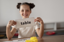 Petite fille souriante qui tient le mot "table" dans les mains