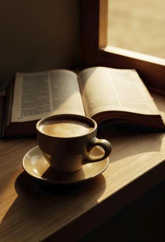 photo d'une tasse de café et d'un livre ouvert posé à côté 