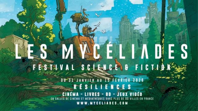 L'affiche du festival les Mycéliades est un dessin qui montre des robots assis sur un wagon au bord d'une rivière dans un décor post apocalyptique