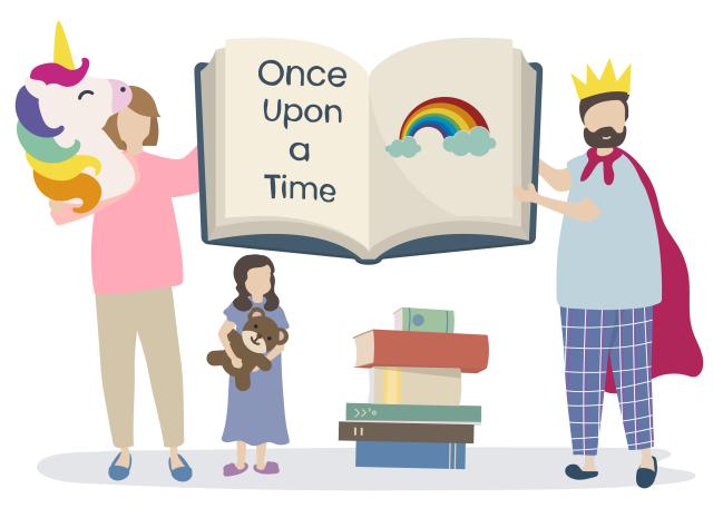 Une dame avec une licorne dans une main  tient un livre de l'autre main. Un roi tient l'autre cot&eacute; du livre. En dessous on voit une pile de livres et une petite fille avec un doudou.