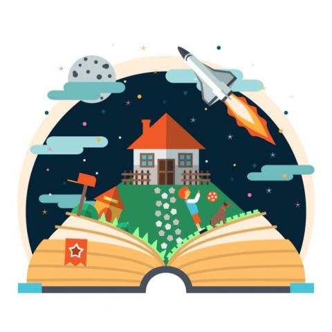 dessin d'un livre ouvert avec une maison et une fusée.