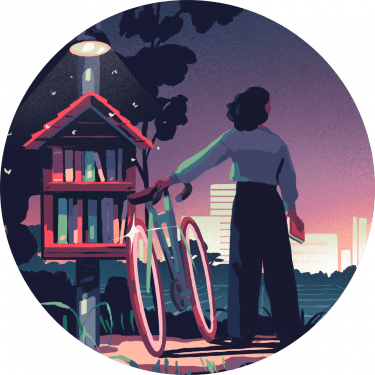 Dessin d'une jeune femme de dos qui regarde vers la ville. Elle tient de la main gauche son vélo qui est adossé à une boîte à livres.