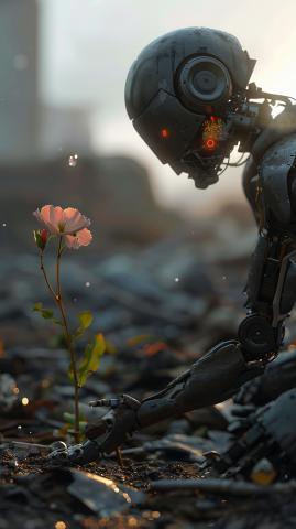 Robot qui regarde une rose