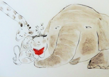 une illustration de Kotimi représentant un enfant qui lit une histoire à des animaux