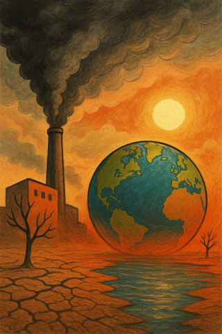La planète Terre sous un soleil de plomb entouré d'une usine d'arbres secs et d'un sol craquelé